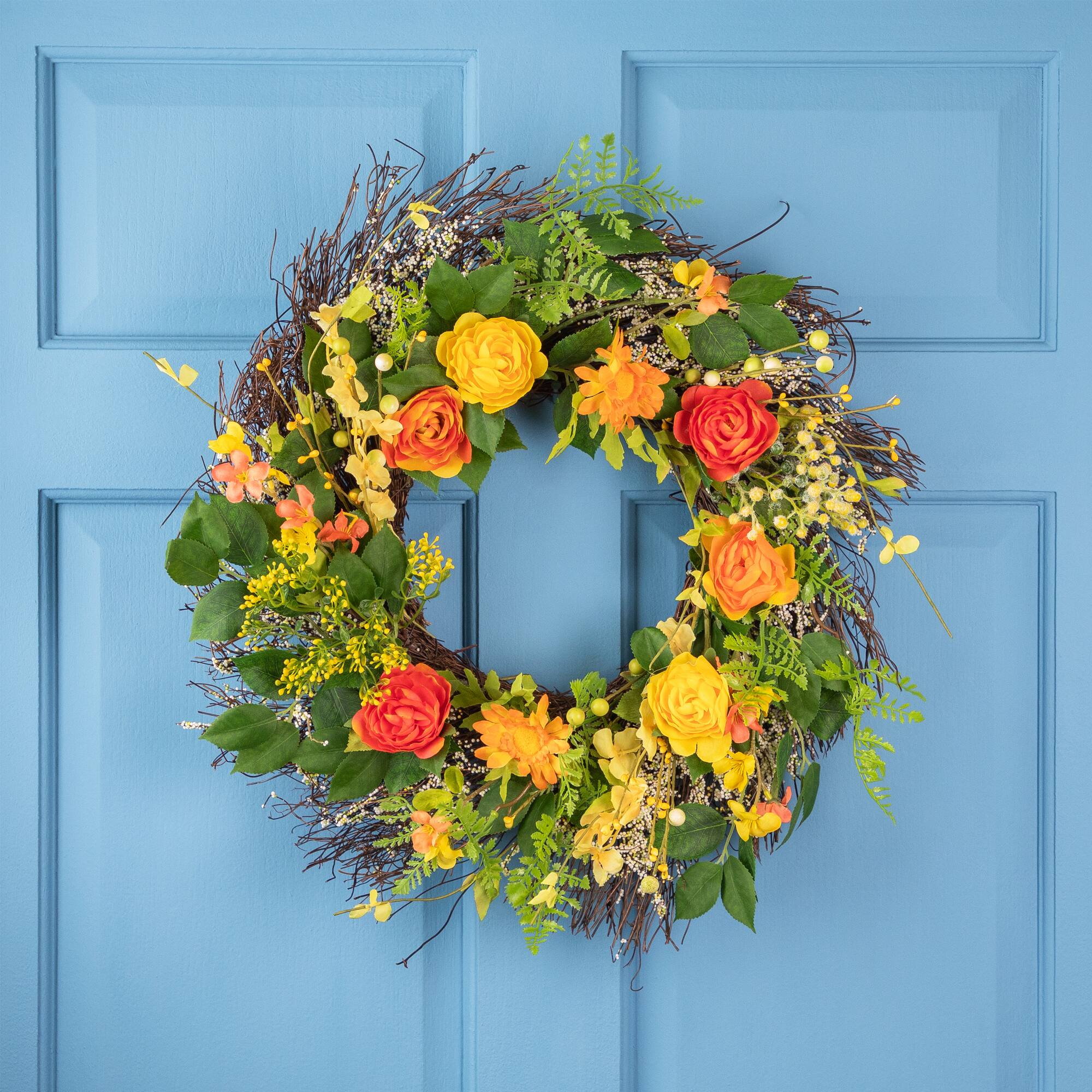 20" Orange & Yellow Ranunculus & Rose Spring Wreath
